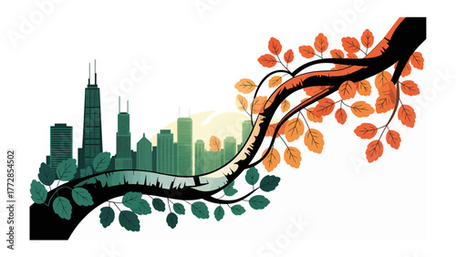 Urban Transition: A vibrant illustration depicts the contrast between nature and cityscapes, illustrating the fusion of green and golden foliage entwining with urban architecture.