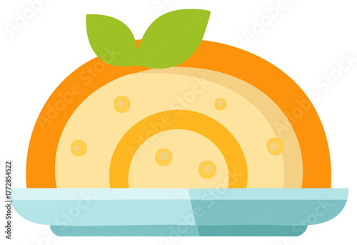 Flat design illustration of a layered orange cake with green leaves on a light blue plate