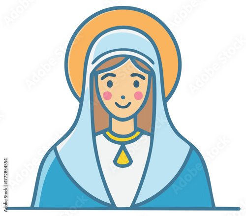 Smiling religious woman wearing blue headscarf and gold halo, digital illustration icon, flat vector graphic element