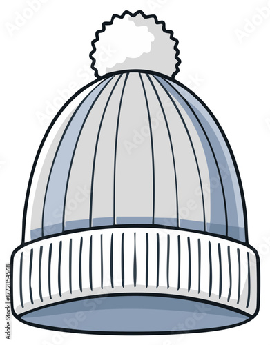 Cartoon illustration of a light blue knitted winter beanie hat with a white pom pom