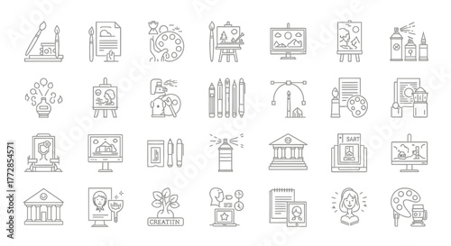 Art, Creativity, and Design Line Icons Set. Vector Outline Collection of Culture, Museum, Painting, and Digital Art Symbols.