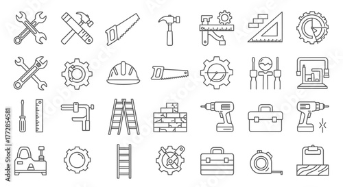 Construction Tools and Engineering Line Icons Set. Vector Outline Collection of Hardware, Building, Renovation, and Maintenance Symbols.