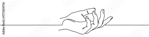 Open hand reaching or holding drawn with one continuous line. Black outline illustration isolated on white background. Vector illustration.