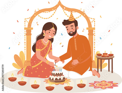 Celebration, cake, Diwali, birthday, Indian, couple, saree, kurta, candles, rangoli, diyas, confetti, tradition, joy, lights, garland, party, hat, festive, moment
