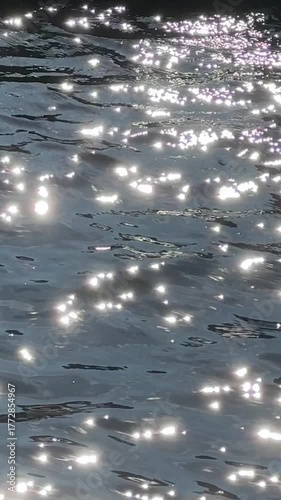 Sparkling water surface transitions with rocks, camera zooms in on reflections