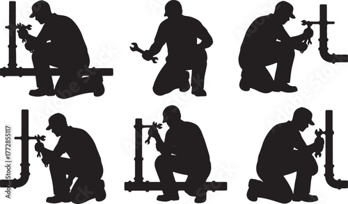Plumber Fixing Pipes Silhouette Set