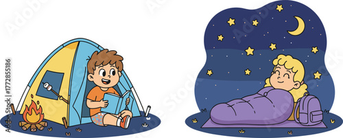 Children camping, outdoor adventure, night sky, cozy tent, reading by fire, peaceful sleep, cartoon style, marshmallow roasting, starry night, nature fun