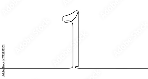 Number one ("1") drawn with one continuous line. Black outline illustration isolated on white background. Vector illustration.