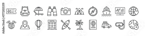 Travel and tourism vector icon set vacation adventure trip holiday journey exploration line art design 