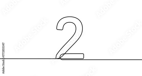 Number two ("2") drawn with one continuous line. Black outline illustration isolated on white background. Vector illustration.