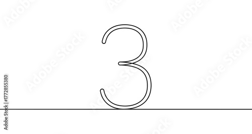 Number three ("3") drawn with one continuous line. Black outline illustration isolated on white background. Vector illustration.