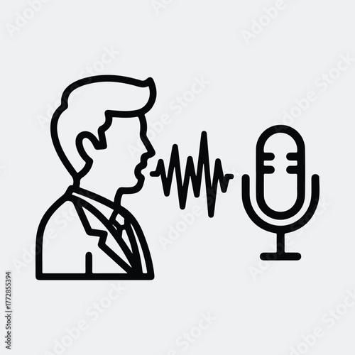 Silhouette man speaks into microphone broadcasting sound wave line art Vector illustration