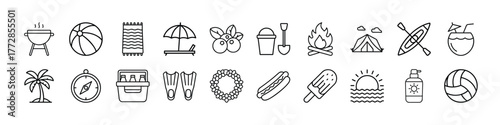 Summer vacation icons set with beach bbq camping and outdoor recreation activities vector illustration