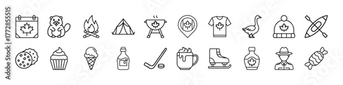 Canada day icons vector illustration featuring canadian symbols and culture elements in outline style
