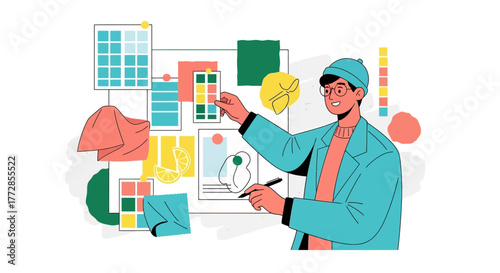 Creative Designer Presenting Design Ideas on a Whiteboard With Color Palette Elements