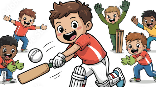 Children playing cricket, cartoon illustration, batting action, wicketkeeper, outdoor sports, teamwork, excitement, fielding moment, fun game, colorful uniforms, energy