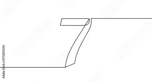 Number seven ("7") drawn with one continuous line. Black outline illustration isolated on white background. Vector illustration.