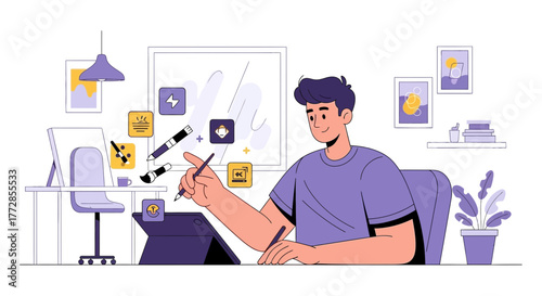 Creative Designer Working In A Workspace On Digital Illustration Graphic Design Project