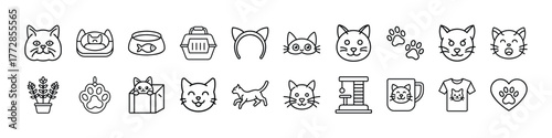 Cat supplies and accessories vector icons set, pet care essentials, cat face, paw print, toy