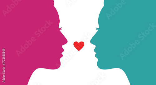 Two colorful face profiles facing each other with a red heart in the middle