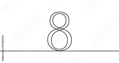 Number eight ("8") drawn with one continuous line. Black outline illustration isolated on white background. Vector illustration.