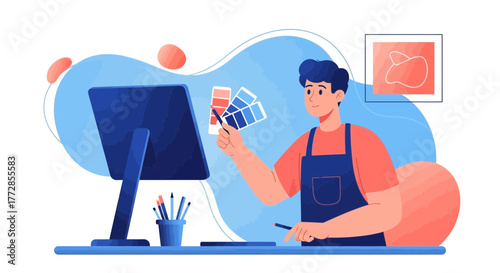 Creative Designer Working On Digital Art and Color Palettes Production On Computer Screen