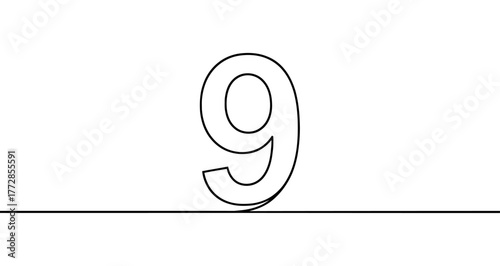 Number nine ("9") drawn with one continuous line. Black outline illustration isolated on white background. Vector illustration.