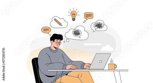 Creative Individual Working On Laptop With Innovative Ideas Shown Visually On The Illustration