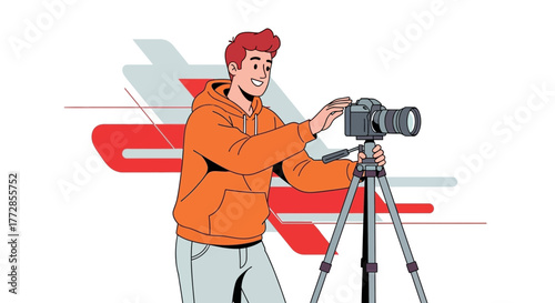 Young Photographer Preparing Camera on Tripod and Setting up the Perfect Shot for Capturing Memories