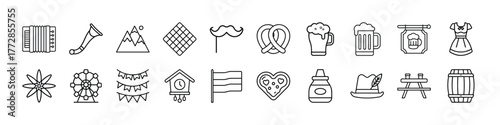 Oktoberfest celebration icons set vector illustration with beer pretzel and traditional elements