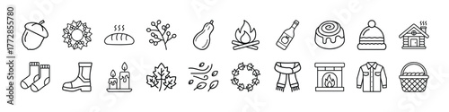 Cozy autumn season doodle vector set with acorn, fireplace, leaves, scarf, and other fall elements