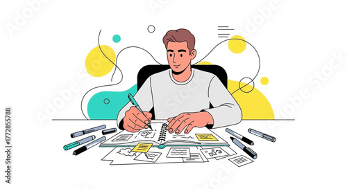 Creative Person Sketching, Illustrating and Designing New Ideas on a Desk
