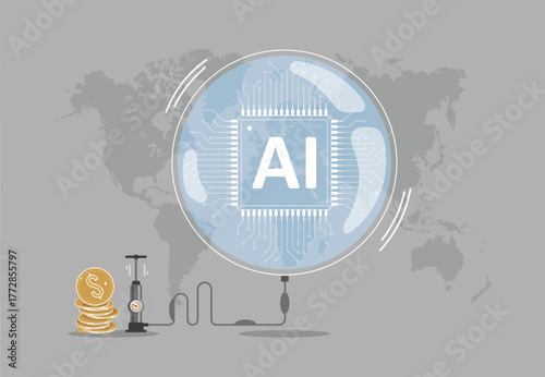 Growth of a financial investment bubble in the artificial intelligence securities market illustration.  Symbolic flat vector of AI bubble, which is rapidly inflating, swelling, threatening to burst
