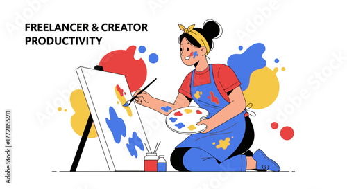 Creative Process Depicted As Artist Paints With Colorful Acrylics On Canvas Illustration