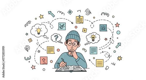 Creative Process Displayed: Sketching, Thought, and Innovation Illustrated with Graphic Elements