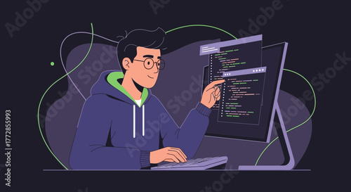 Illustration Of A Young Programmer Coding On A Computer With Advanced Technology