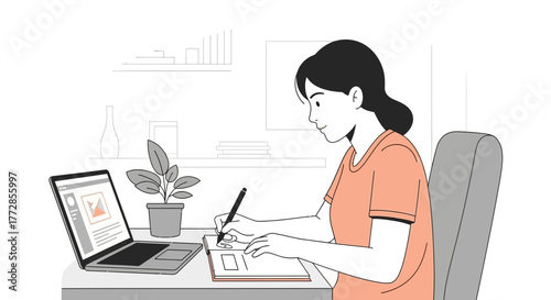 Illustration Of Woman Working From Home On Work, Writing and Using A Laptop
