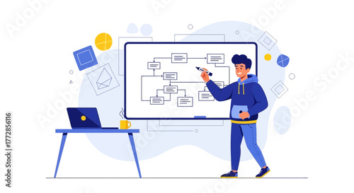 Man Explaining Workflow Diagram on Whiteboard with Laptop and Coffee Cup at The Side