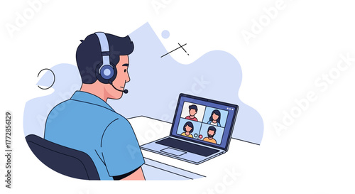 Man In Headset Participating In A Virtual Meeting On A Modern Laptop