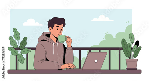 Man Working Outside Enjoying His Coffee and Using His Laptop on the Balcony