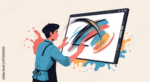 Digital Artist Creating Colorful Abstract Artwork on a Large Digital Tablet Screen