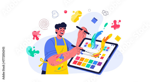 Digital Artist Using Tablet and Stylus to Create Vibrant and Colorful Artwork