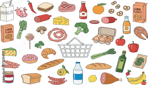 Hand Drawn Doodle Style Grocery Food Collection and Shopping Basket Vector Illustration