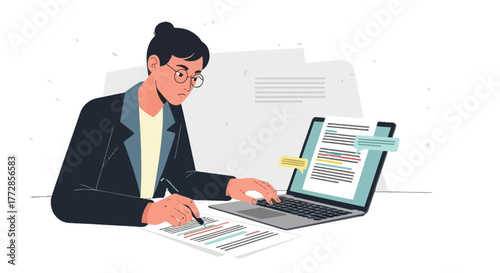 Focused Individual Working Diligently on a Laptop and Paperwork at a Desk