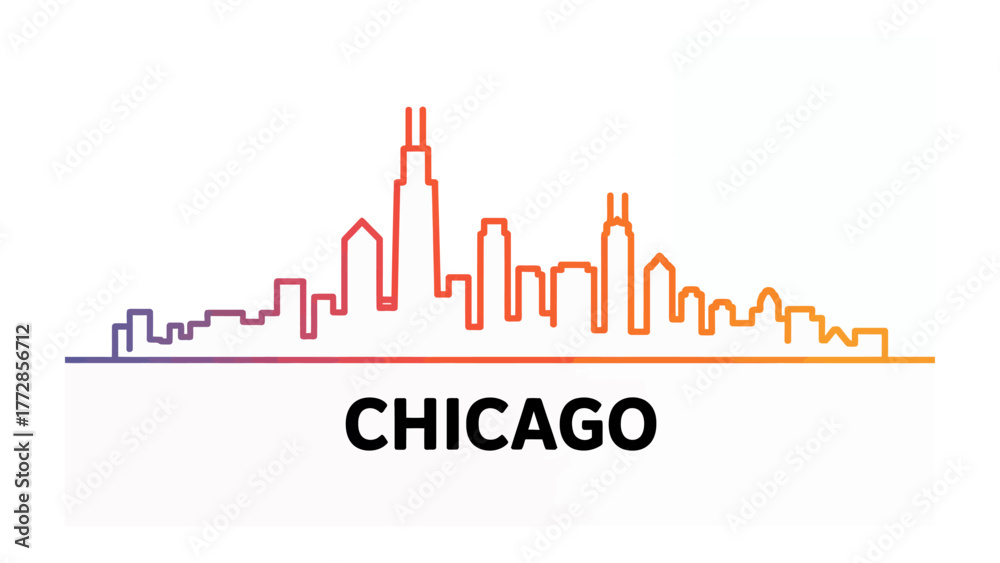 Fototapeta premium Chicago Skyline Silhouette: A clean silhouette of the iconic Chicago skyline, rendered in a gradient of vibrant colors, evokes a sense of modern urbanity and the city's unique architectural character.