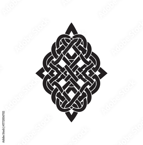 Elongated Decorative Diamond Celtic Knot vector illustration silhouette for Religious or Medieval Ornament.