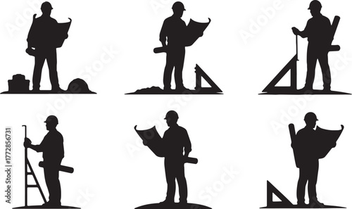 Architect on Construction Site Silhouette Set