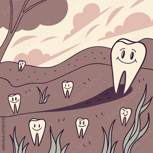 A surreal painting of teeth growing like crystals from the ground.