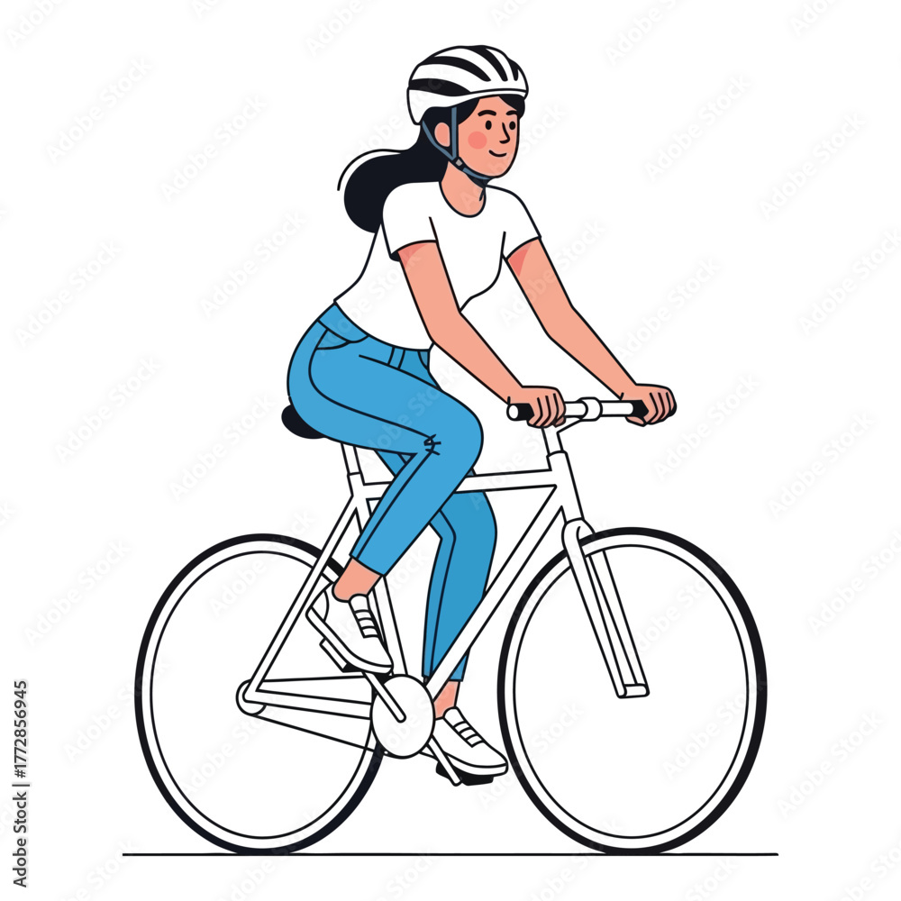 Obraz premium Woman riding a bicycle wearing a helmet vector illustration for healthy lifestyle and outdoor activities