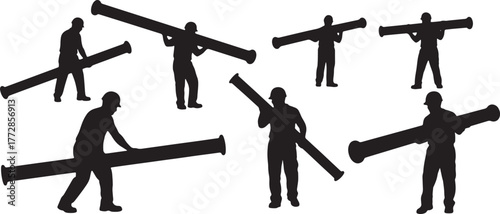 Workers Carrying Pipes Silhouette Set